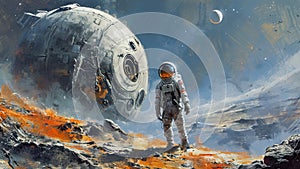 Astronaut on Planet Landscape with Spherical Si-Fi Spaceship in desolate Alien Terrain