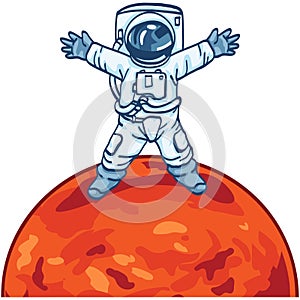 Astronaut Planet Mars Landing Cartoon Illustration Drawing Vector