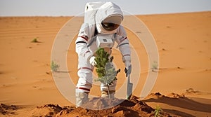 Astronaut Plants a Tree on the Red Planet Mars. Generative AI