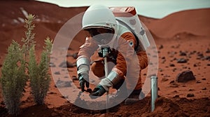 Astronaut Plants a Tree on the Red Planet Mars. Generative AI