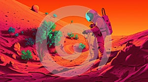 Astronaut Plants a Tree on the Red Planet Mars. Generative AI