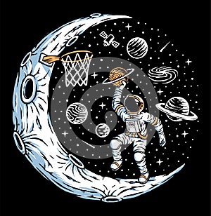 Astronaut playing basketball on the moon illustration