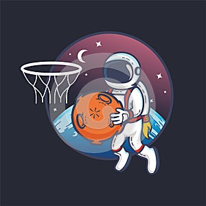 Astronaut playing basketball with planet ball in outer space