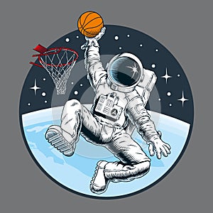 Astronaut playing basketball. Slam dunk. Outer space, stars and planet. Vector illustration.