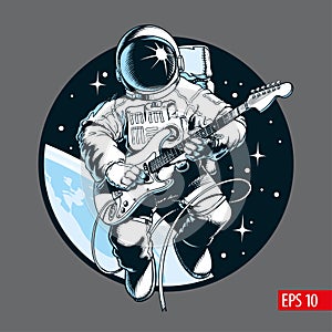 Astronaut playing electric guitar in space. Space tourist. Vector illustration