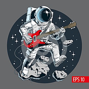 Astronaut playing electric guitar in space. Stars and asteroids on background. Vector illustration.