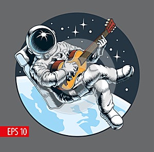 Astronaut playing guitar in space. Space tourist. Vector illustration