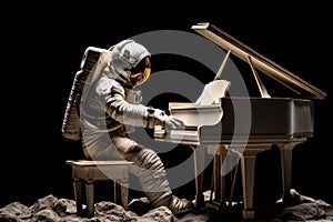 Astronaut playing piano, floating in front of the moon. Generative AI