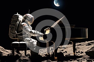 Astronaut playing piano, floating in front of the moon. Generative AI