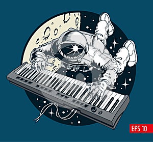 Astronaut playing piano synthesizer in space, space tourist