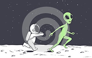 astronaut plays with alien