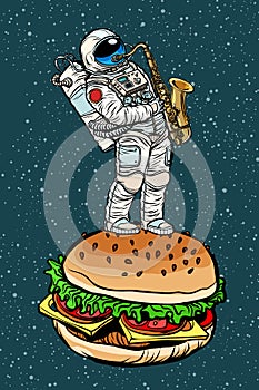 Astronaut plays saxophone on a Burger