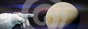 Astronaut pointing to the planet Venus in natural colours 3d illustration, background banner, elements of this image are furnishe