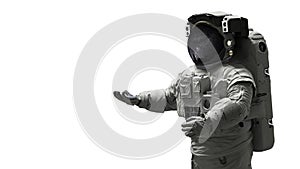 Astronaut presenting an empty space isolated on white background