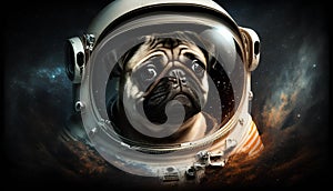 Astronaut pug dog in space with starry background.