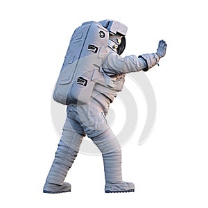 Astronaut pushing an empty space  on white background
