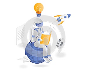 Astronaut reading a book on a flying rocket