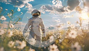 Astronaut returned to EARTH AFTER SPACE mission walking enjoying chamomile field in space suit and helmet in the grass with