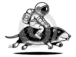 The astronaut rides on a mole. Hand drawing vintage style black. Raster, generative ai.