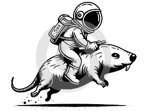 The astronaut rides on a mole. Hand drawing vintage style black. Raster, generative ai.