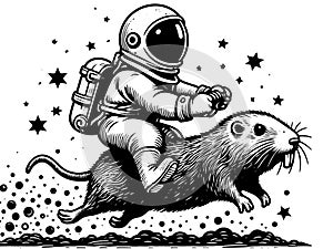 The astronaut rides on a mole. Hand drawing vintage style black. Raster, generative ai.