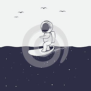 Astronaut rides on surfboard on space sea