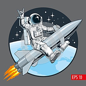 Astronaut riding a rocket or missile. Vintage sci-fi style vector illustration.