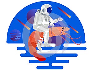 Astronaut riding a shrimp. In minimalist style Cartoon flat Vector photo