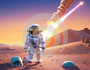 Astronaut with Rocket Launch on Mars