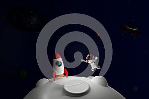 Astronaut with rocket and shuttle floating in space with asteroids moon and UFO, 3D rendering