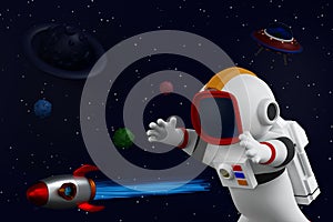 Astronaut with rocket and shuttle floating in space with asteroids moon and UFO, 3D rendering