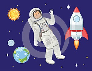 Astronaut and rocket in space isolated on a dark background. Vector illustration of cosmonaut, spaceship, planet Earth, moon, sun