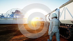 Astronaut and rover on alien planet. Martian on mars. Sci -fi concept. Realistic 4k animation.