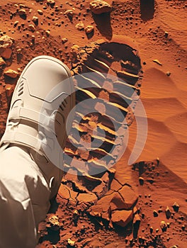 Astronaut\'s boot print in the sandy soil of Mars