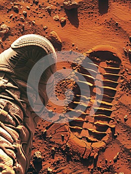 Astronaut\'s boot print in the sandy soil of Mars