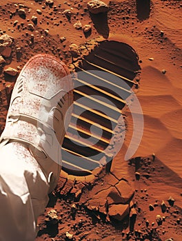 Astronaut\'s footprint in the sandy soil of Mars