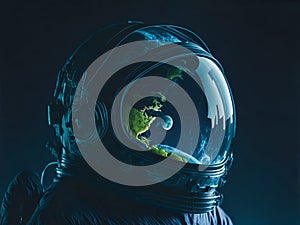 An Astronautâs Helmet Mirror of Earth and Moon. photo