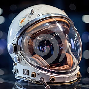 astronaut's helmet visor reflecting the stars and planets