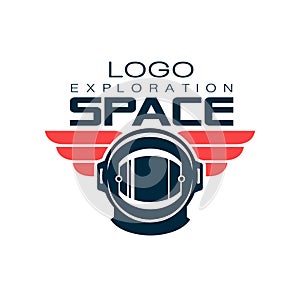 Astronaut`s protective helmet logo. Space exploration. Cosmic journey. Creative label in flat style. Vector design for t