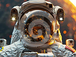 The astronaut\'s space suit fills the frame, with the glass of the helmet reflecting the vast expanse of space photo