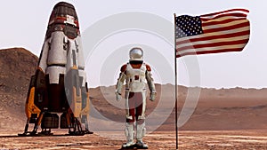 Astronaut saluting the American flag. Exploring Mission To Mars /Red Planet.. Futuristic Colonization and Space Exploration Concep