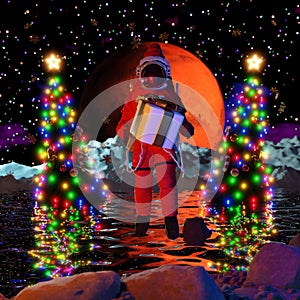 Astronaut in santahat outer space. 3d rendering