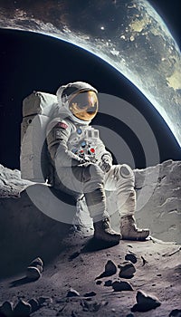 Astronaut sat on the lunar surface observing the universe. Cosmonaut exploring new destinations.