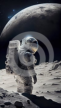 Astronaut sat on the lunar surface observing the universe. Cosmonaut exploring new destinations.