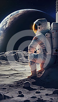 Astronaut sat on the lunar surface observing the universe. Cosmonaut exploring new destinations.