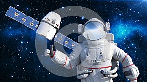 Astronaut with satellite showing thumbs up, cosmonaut floating in space with spacecraft in the background, 3D render