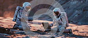 An astronaut and a scientist collect soil samples on Mars and analyze them with the help of a computer. Mars/Red Planet