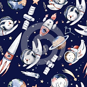 Astronaut seamless pattern. Universe kids Baby boy girl elephant, fox cat and bunny, space suit, cosmonaut stars, planet