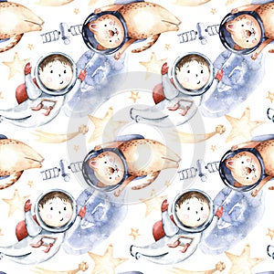 Astronaut seamless pattern. Universe kids Baby boy girl elephant, fox cat and bunny, space suit, cosmonaut stars, planet, moon,