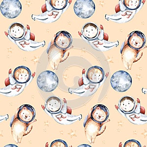 Astronaut seamless pattern. Universe kids Baby boy girl elephant, fox cat and bunny, space suit, cosmonaut stars, planet, moon,